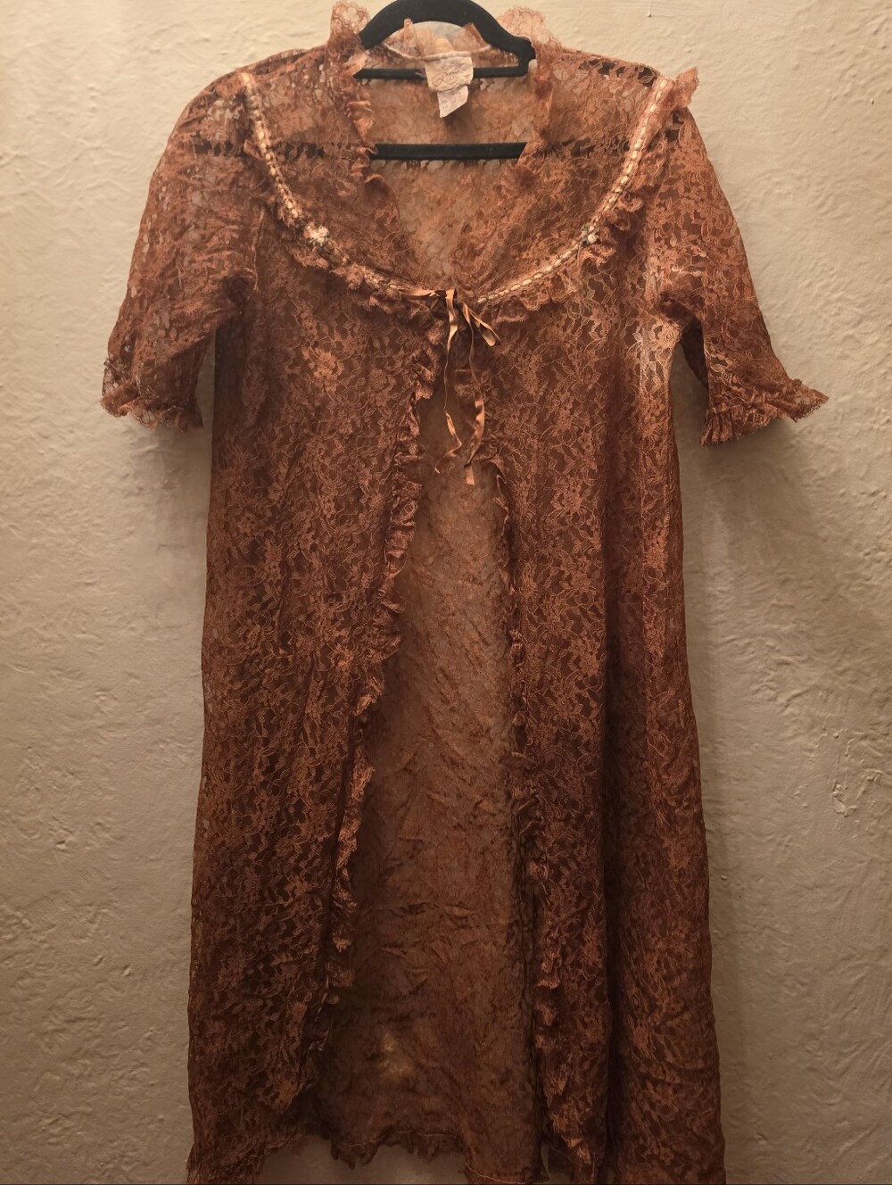 Vintage Brown Lace Peignoir Robe Ruffle Ribbon Sheer Romantic Size 14